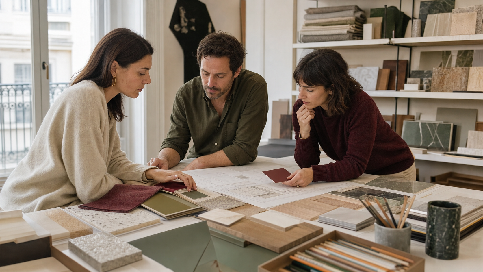 Team HomeDesign durante una revisione dei materiali